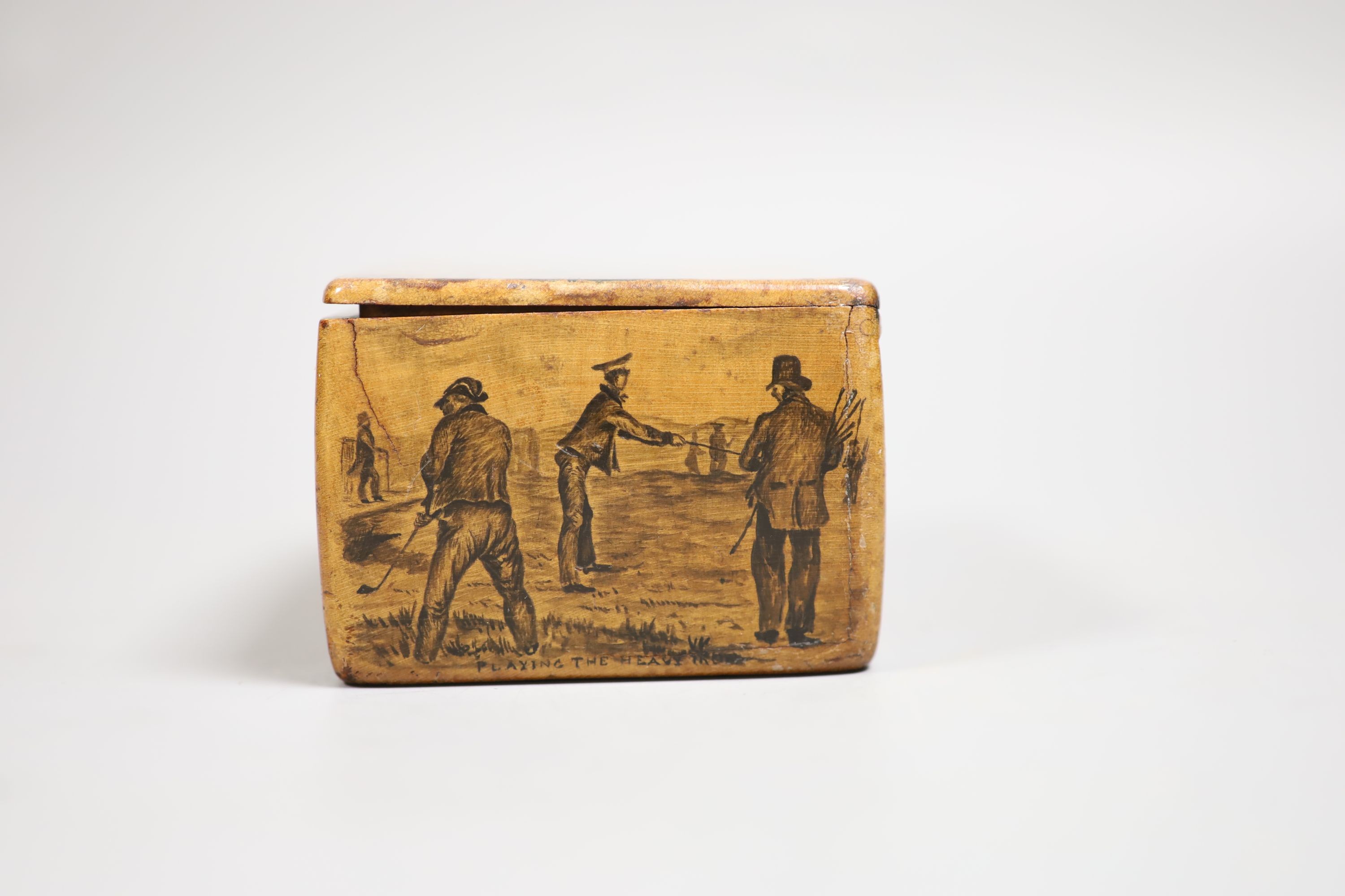 Early golfing interest - a rare Mauchline-ware sycamore penwork golfing snuff box, second quarter 19th century, by Charles Stiven of Laurencekirk 12.2cm